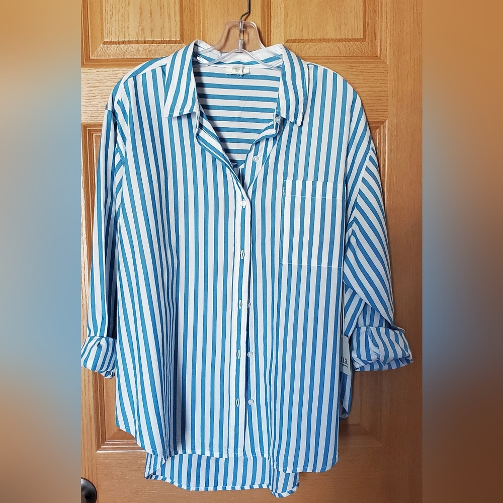 A.N.A. Women's Striped Cotton Shirt Button Down Oversized XL Layering NWT